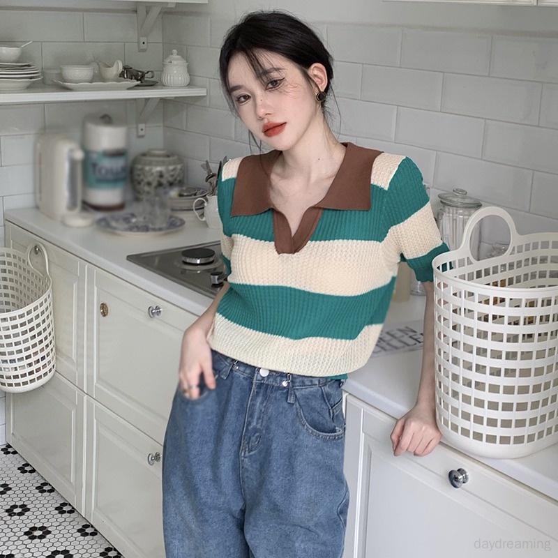 Áo Thun Nữ Dệt Kim Cổ Bẻ Dáng Rộng Phong Cách Hàn Quốc