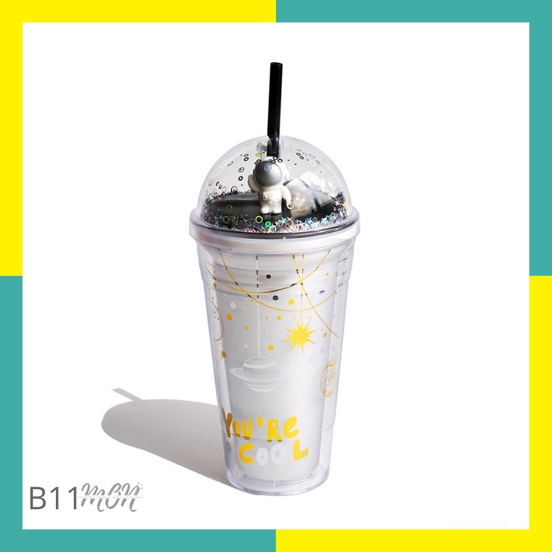 🌸sẵn🌸 Ly nước giữ nhiệt 2 lớp nhựa an toàn họa tiết vũ trụ, hành tinh lấp lánh - B11
