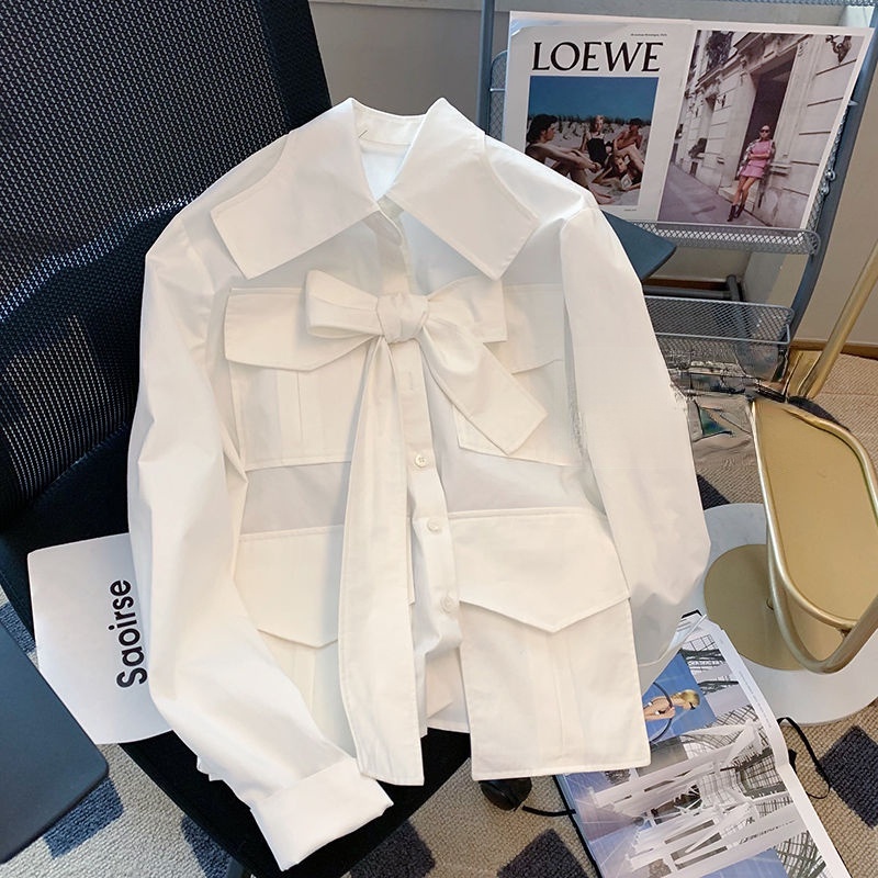 Áo Sơ Mi Dài Tay Đính Nơ Phong Cách Retro Thời Trang Dành Cho Nữ