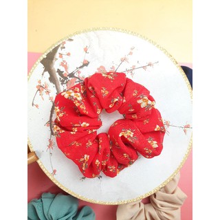 Dây cột tóc Scrunchies voan đỏ hoa nhí
