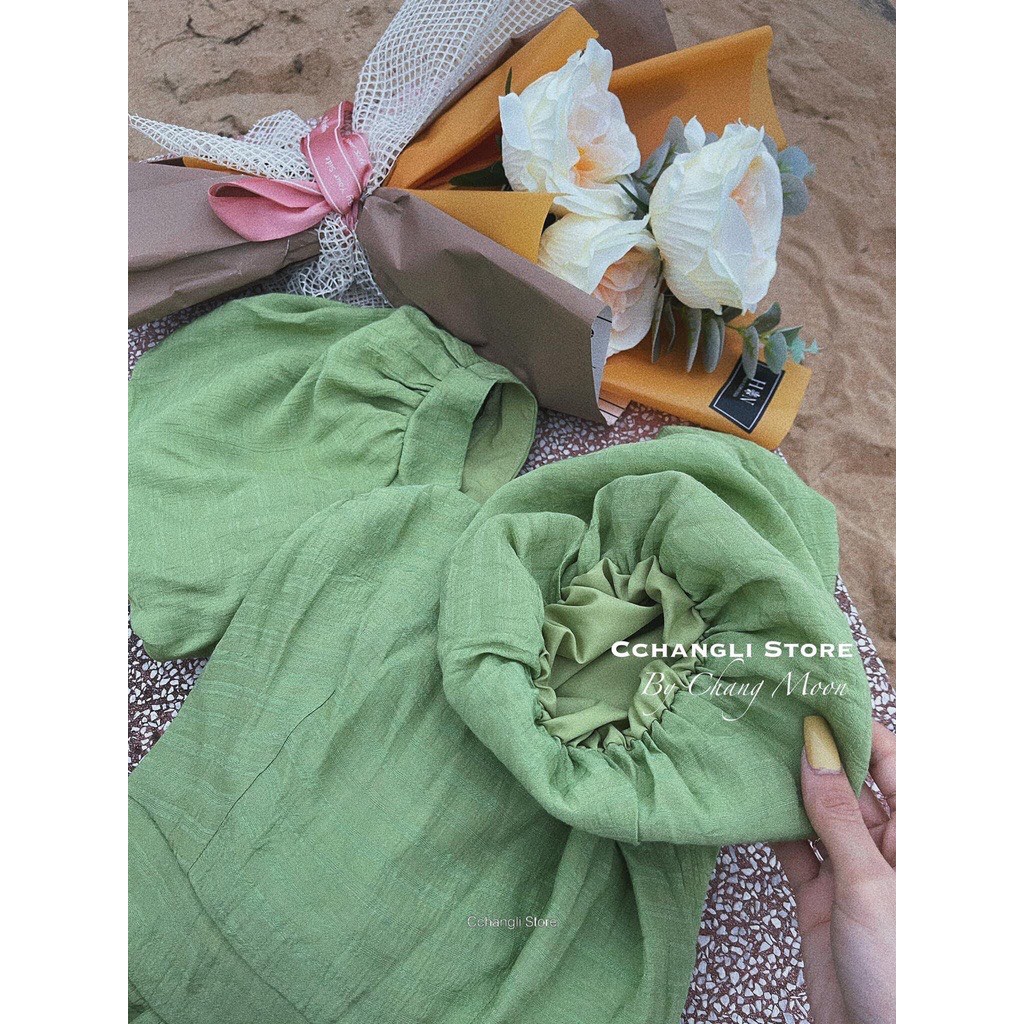 Đầm babydoll cổ vuông dáng dài tay bồng - Váy maxi dáng dài đi biển chất đũi xốp tiểu thư