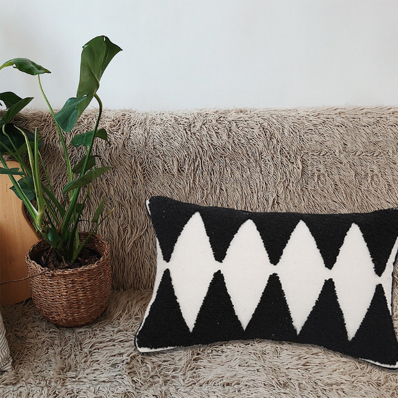 Xiangbao Vỏ Gối Dệt Tufted Hình Học Kẻ Sọc Caro Phong Cách Morocco Boho Màu Trắng Đen Co