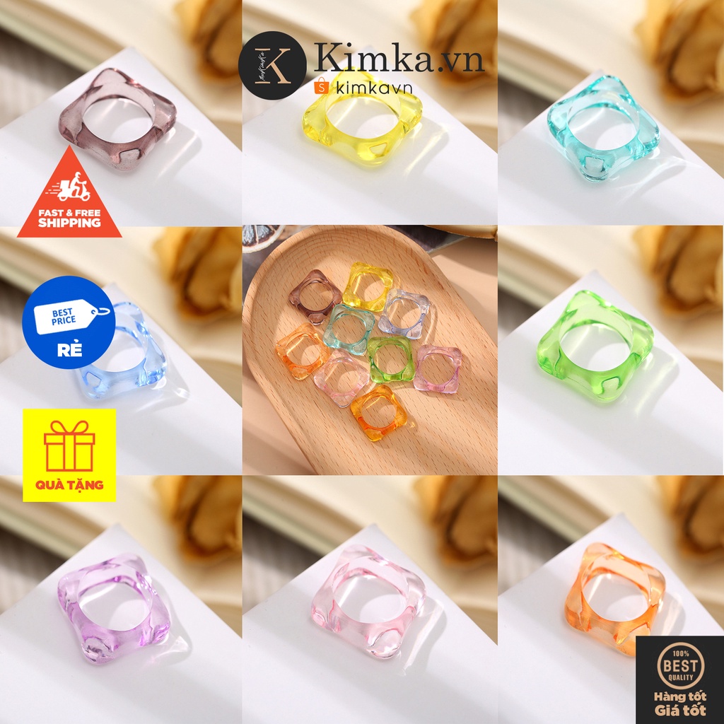 (0248) Nhẫn Nhựa Resin Thạch Vuông Trong Nhiều Màu Xu Hướng