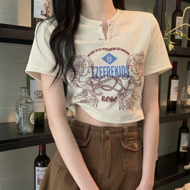 Jiashucheng Áo Thun Ngắn Tay Cổ Chữ v Thời Trang Mùa Hè Phong Cách Retro Mỹ Cho Nữ