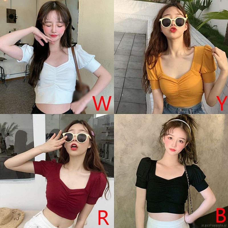 Áo Croptop Tay Ngắn Cổ Vuông Thiết Kế Màu Trơn Thanh Lịch