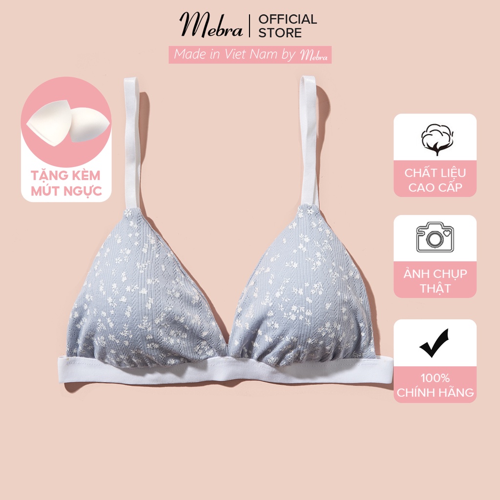 Áo bra cotton gân hoạ tiết bướm xanh và ghi 2 lớp không gọng không đệm có mút rời thoáng khí kháng khuẩn Mebra A040