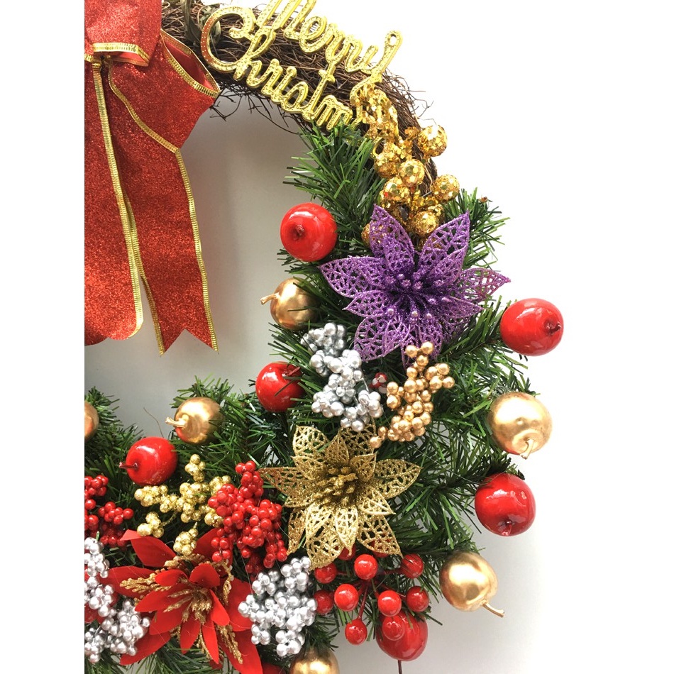 Vòng hoa trang trí Noel - Vòng nguyệt quế Giáng sinh gắn nhiều phụ kiện đẹp- Vòng dây rừng D40
