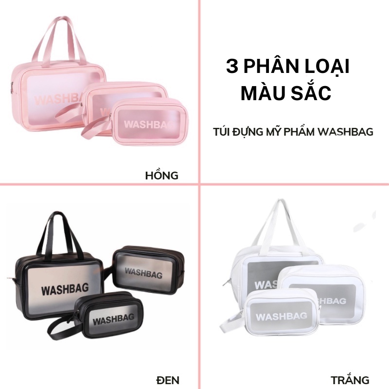 Túi đựng mỹ phẩm trong suốt cao cấp Washbag, túi đựng đồ du lịch đa năng 3 màu đen hồng trắng TDM01