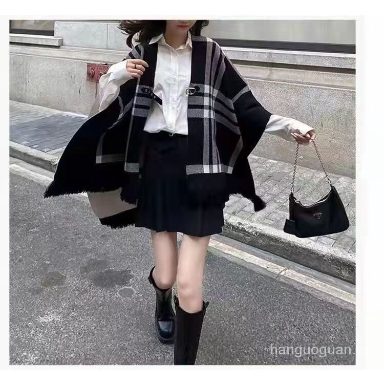 Áo choàng len hai mặt họa tiết kẻ sọc L5Fg cho nữ | BigBuy360 - bigbuy360.vn