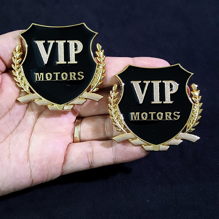 Bộ 2 miếng dán logo kim loại chữ VIP MOTOR bông lúa