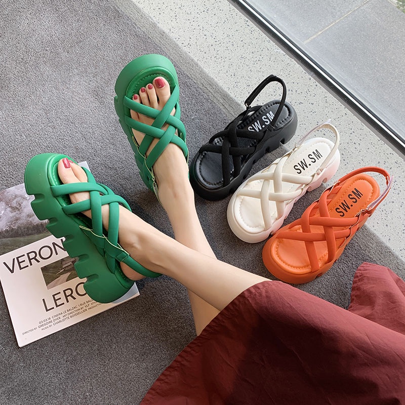 Jiashucheng Hàng Có Sẵn Giày Sandal Thể Thao Đế Dày Quai Chéo Màu Xanh Lá Phong Cách Châu Âu Mùa Hè Cho Nữ