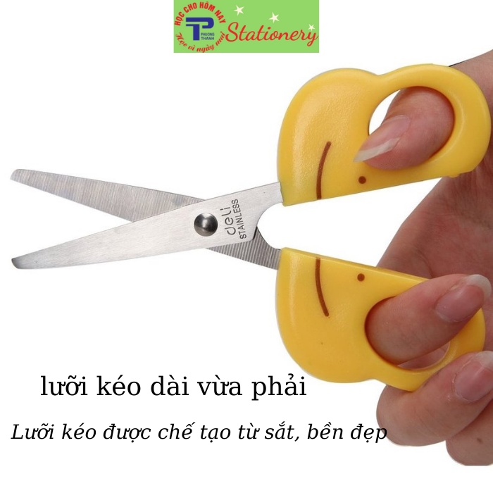 Kéo thủ công học sinh Deli 6031 - Chất liệu ABS tốt, Mũi kéo tròn, nắp bảo vệ an toàn - Xanh lá, vàng - 1 chiếc