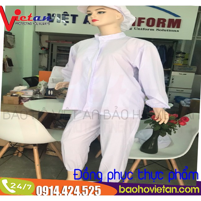 Đồng Phục Chế Biến Thực Phẩm - Nhà Máy Thực Phẩm Hình Thật 100% Vải Silk Trắng Mặc Mịn Mát.