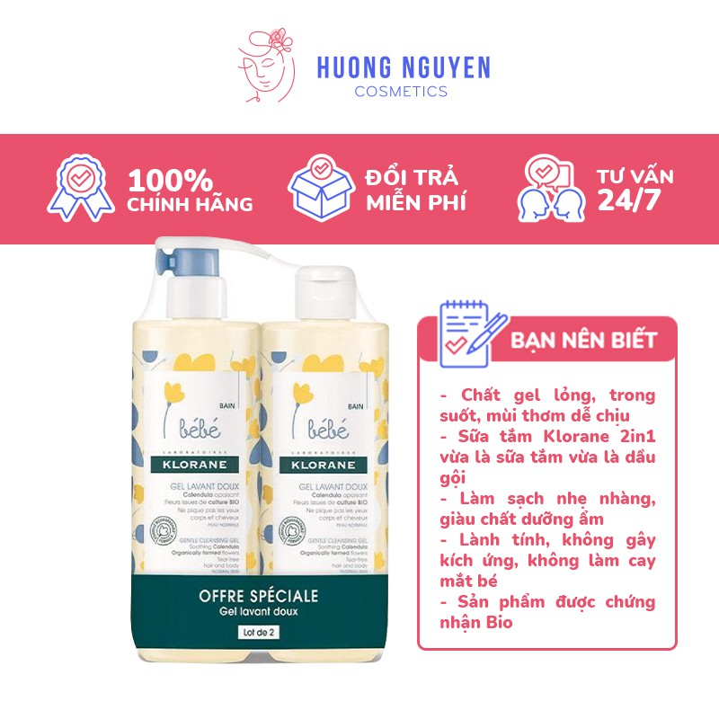 Set Sữa Tắm Gội Cho Bé Klorane Bebe Gel Lavant Doux 2 chai 500ml