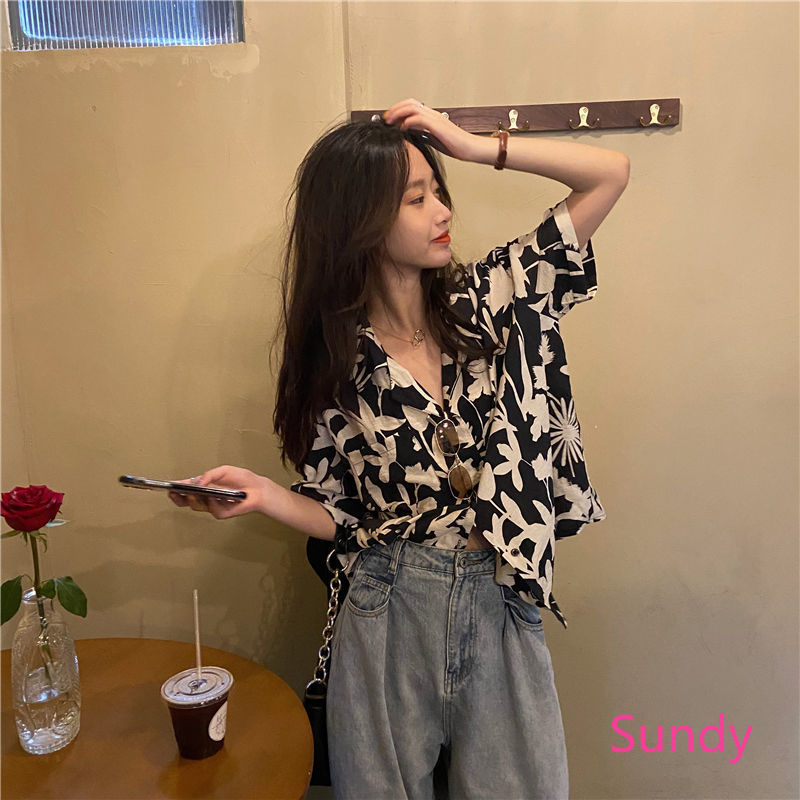 Áo sơ mi ngắn tay in hoa dáng rộng phong cách retro thời trang mùa hè cho nữ