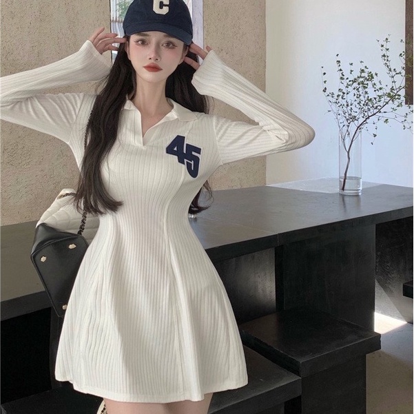 Váy Polo Nữ Thêu Số 45 Chất Thun Tăm Đầm Xoè Cổ Bẻ Sơ Mi Dáng Bassic Sexy Hàn Quốc | BigBuy360 - bigbuy360.vn