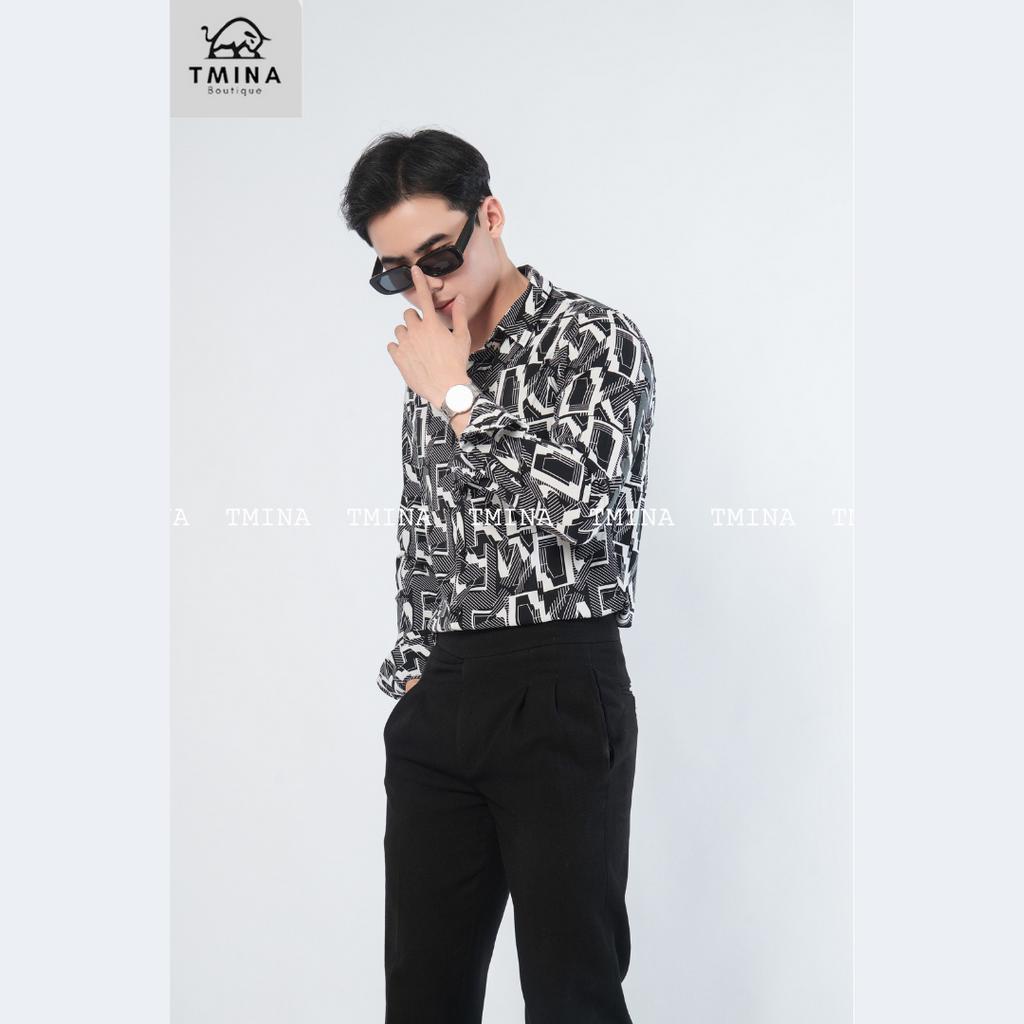 Áo sơ mi họa tiết vải lụa chống nhăn thoáng mát tay dài TMINA SMD08