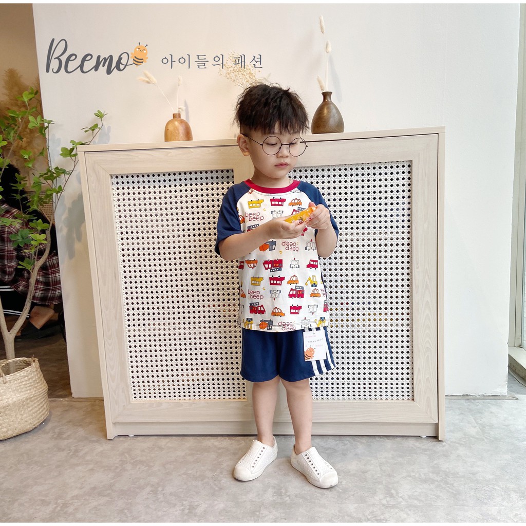 Bộ bé trai cộc tay Beemo Chất liệu cotton mát mẻ, mềm mại, họa tiêt Ô tô xinh xắn, form dáng thể thao B058