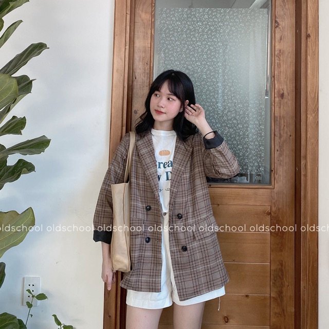 ÁO BLAZER 2 LỚP KẺ NÂU CHOCO (ảnh thật/sẵn)