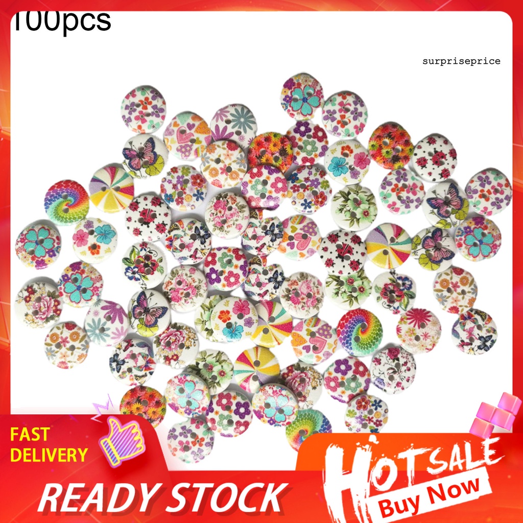 100 Nút Gỗ 2 Lỗ In Hình Hoa