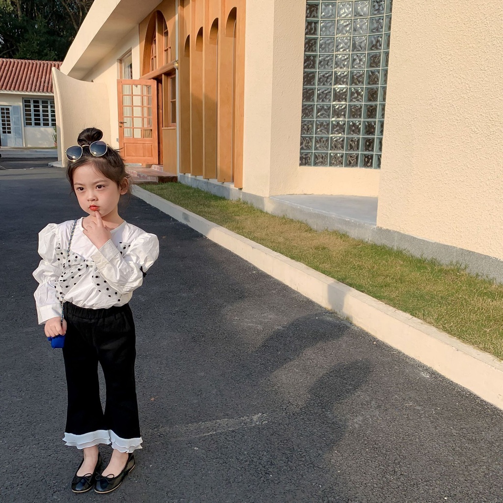 Bộ Áo Tay Phồng Dài Cổ Tròn Thắt Nơ Phối Quần Dài Ống Loe Thời Trang Xuân Thu Cho Bé Gái