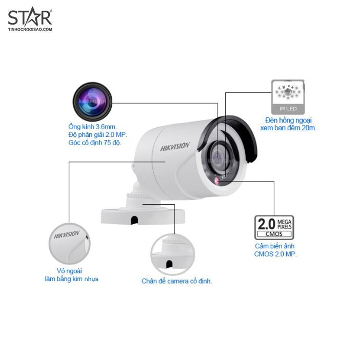 Camera HikVision  2.0 Mp 1080P DS-2CE16D0T-IRP - Vỏ sắt