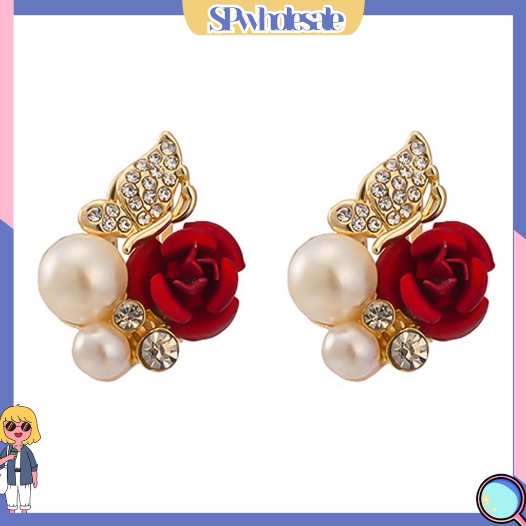 [SPwholesale] Khuyên tai hình hoa hồng đính ngọc trai thời trang dành cho nữ