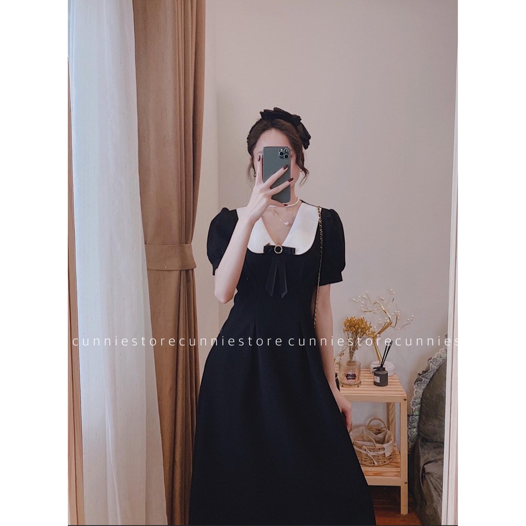 Váy Đen Cổ Bèo Trắng - Đầm Nữ Đẹp Cổ Sen Tay Bồng Maxi Dáng Chữ A