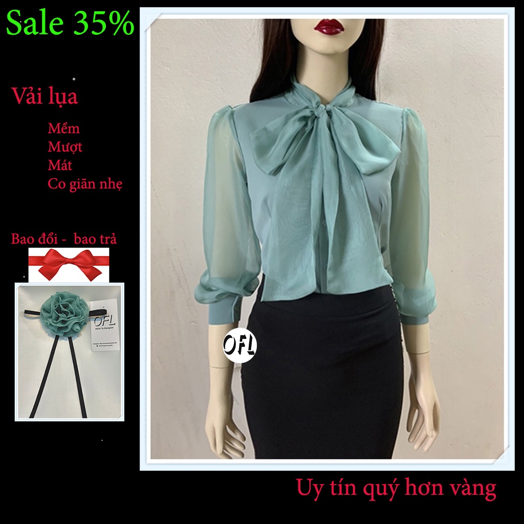 Áo sơ mi nữ cổ nơ voan màu xanh ngọc phong cách công sở đi chơi A4.7