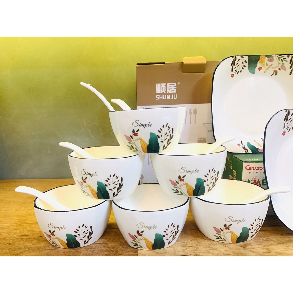 Bộ bát đĩa sứ 14 món cao cấp hoa lá tropical, Phong cách Châu Âu