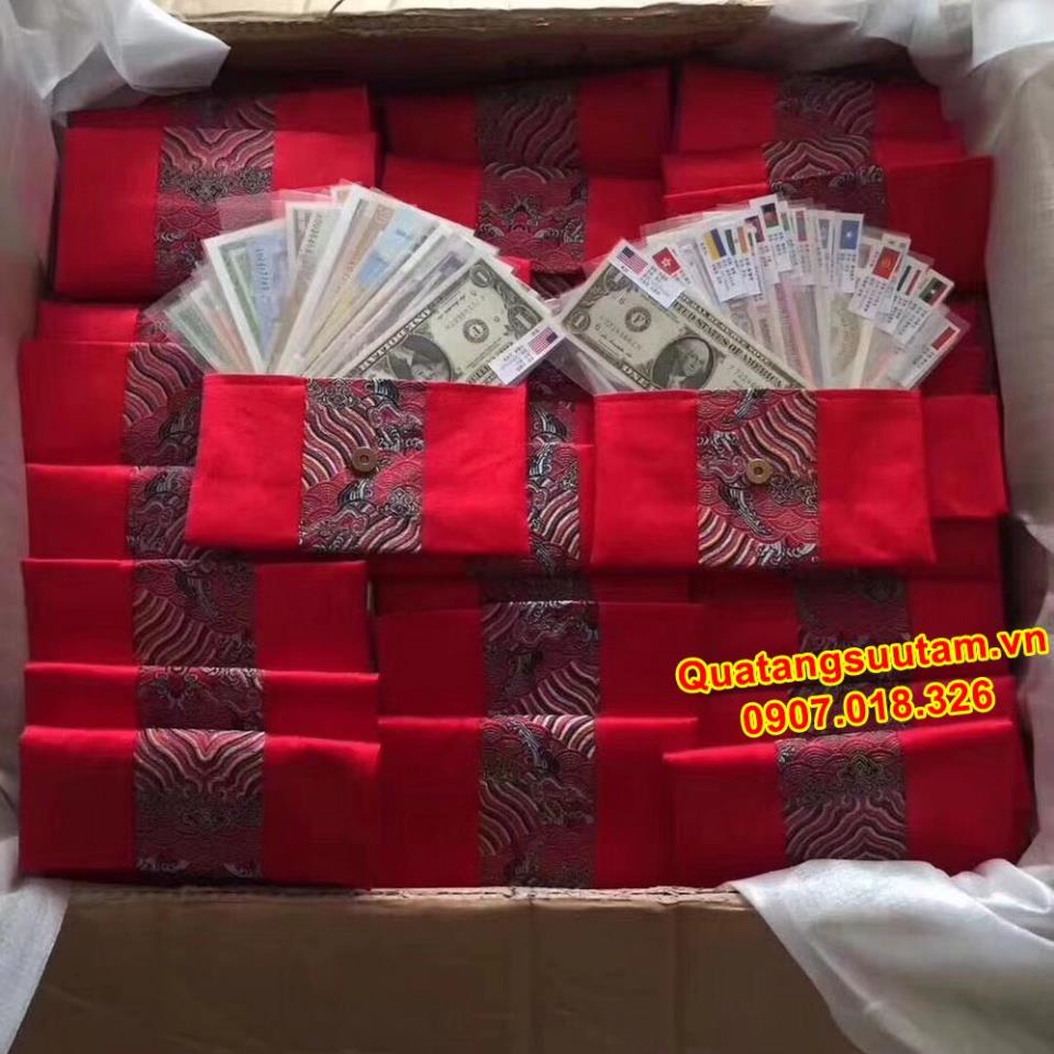 [RƯỚC LỘC] Tiền Lì Xì Độc - Set tiền 52 tờ 28 nước lì xì tết may mắn đựng trong túi thổ cẩm, Quà Tết 2022