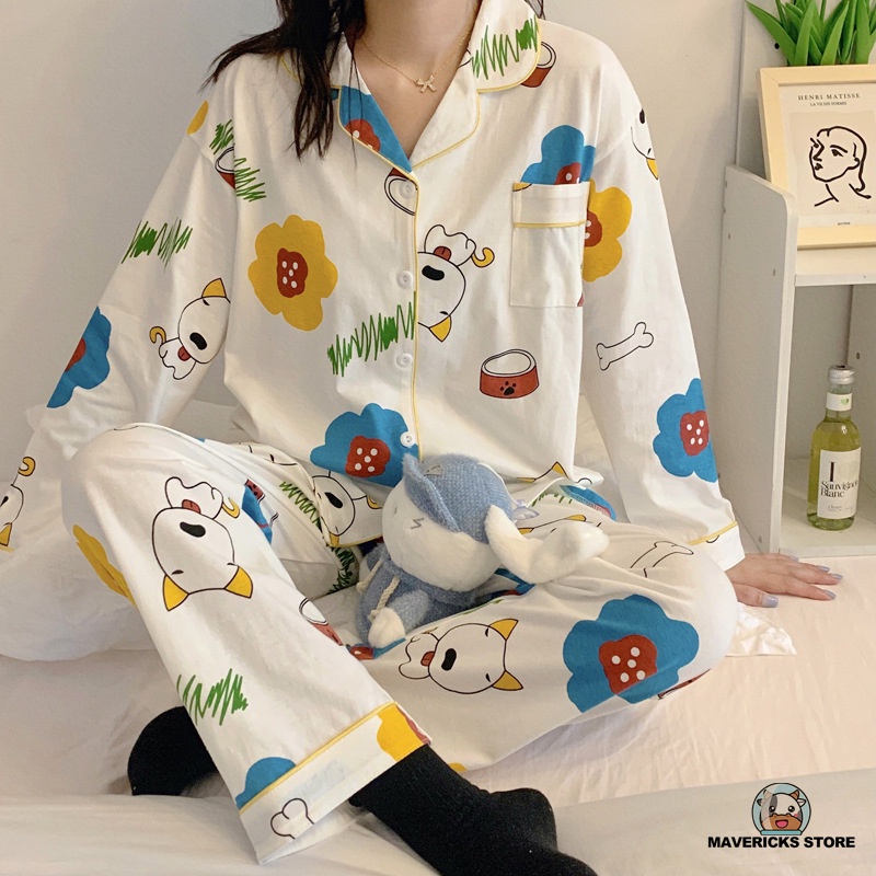 Bộ đồ ngủ hai mảnh in họa tiết hoạt hình phong cách Hàn Quốc cho nữ