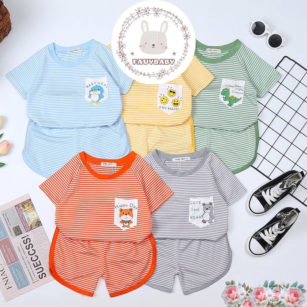 Bộ Cộc MINKY MOM Chính Hãng Bé Trai Bé Gái Thun Lạnh Sọc Dệt Có Túi Hình Khủng Long Gấu Bé 0 1 2 3 4 5 Tuổi - Favybaby