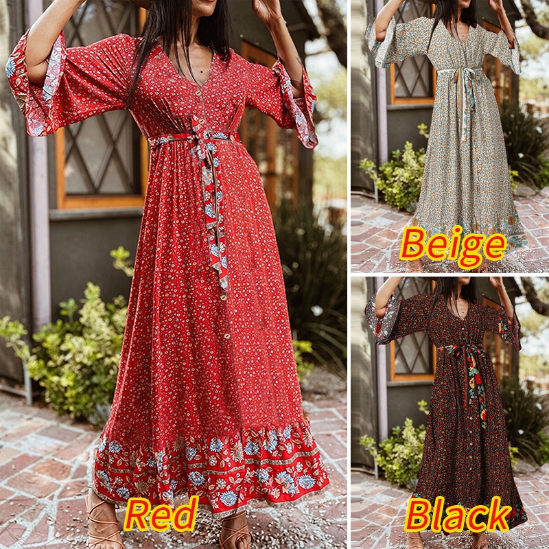 Zanzea Đầm Tay Loe Cổ Chữ V In Họa Tiết Phong Cách Bohemian Dành Cho Nữ