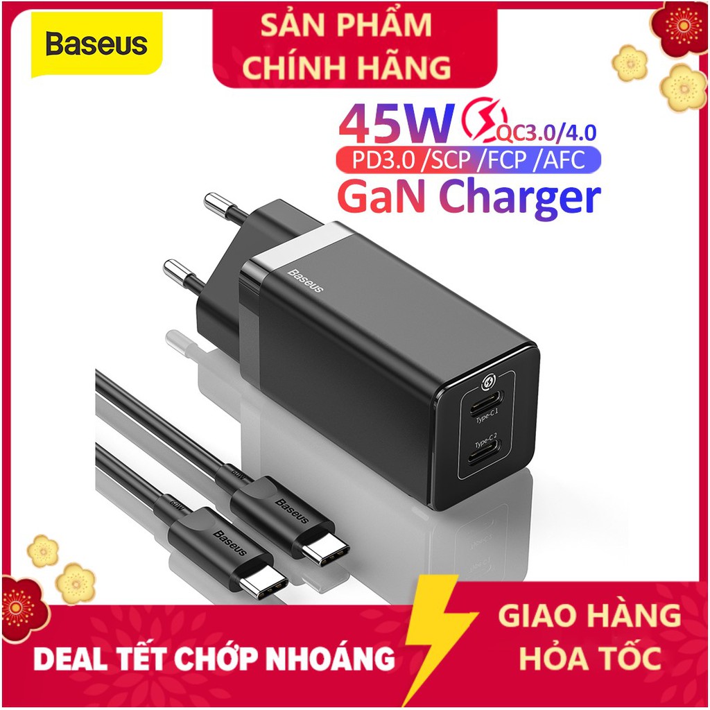 Bộ sạc nhanh  BASEUS GAN 45w kèm cáp sạc Type C to Type C  - BASEUS 45W - Sạc laptop PD quick charge 4 Baseus 45w