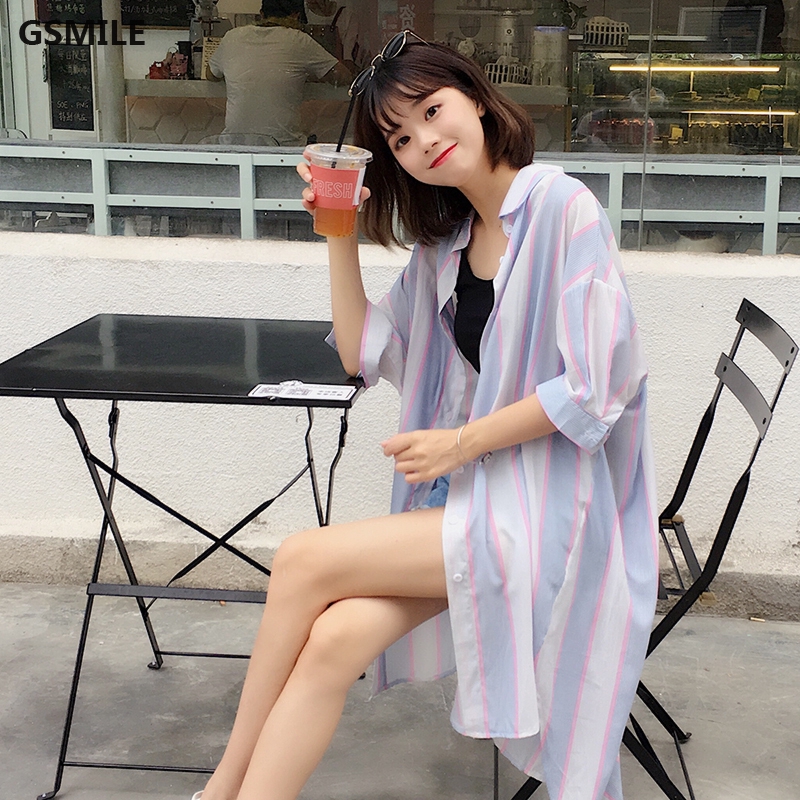 Korean Fashion Women Stripe Short Sleeve Blouse Sunscreen Simple Casual Loose Long Tops