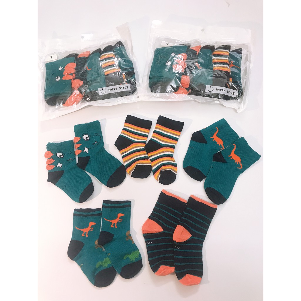 Combo 5 đôi tất khủng long xanh đựng túi zip, sét 5 đôi tất cao cổ cho bé trai