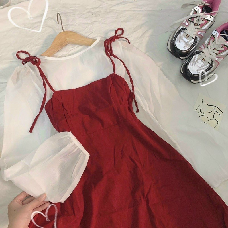 Set đầm 2 dây cột nơ đỏ ôm xoè kèm áo voan trắng tay dài cổ tròn S77