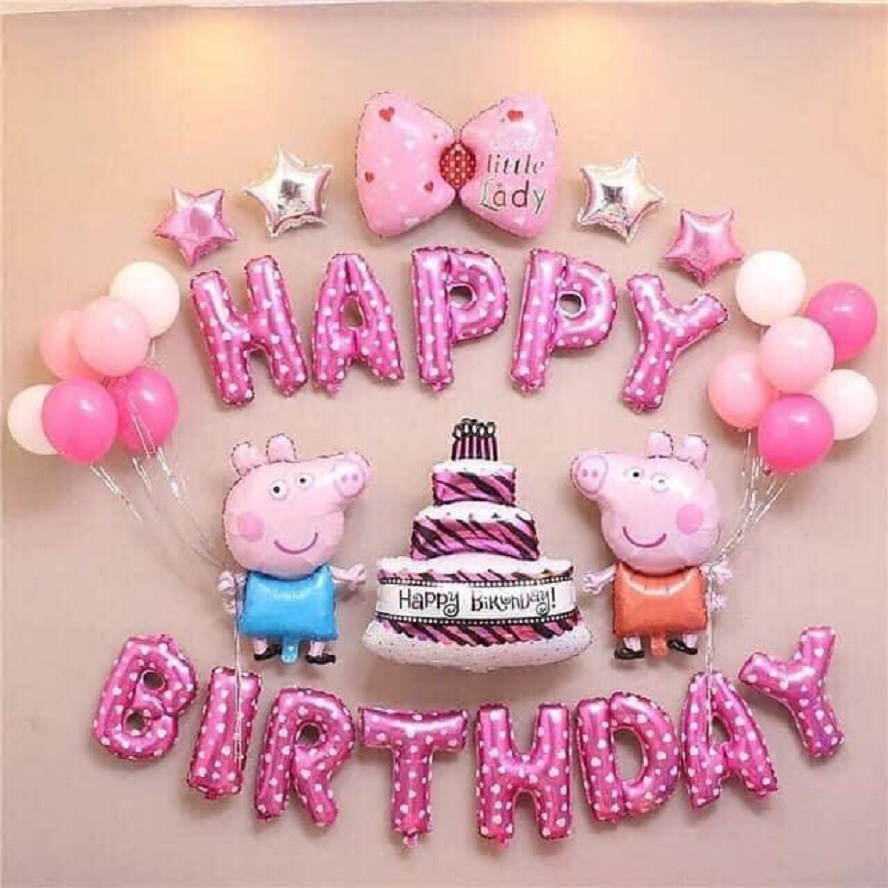 Trọn bộ bóng trang trí sinh nhật Happy Birthday chủ đề heo Peppa/ Mickey tặng kèm bơm tay 101263