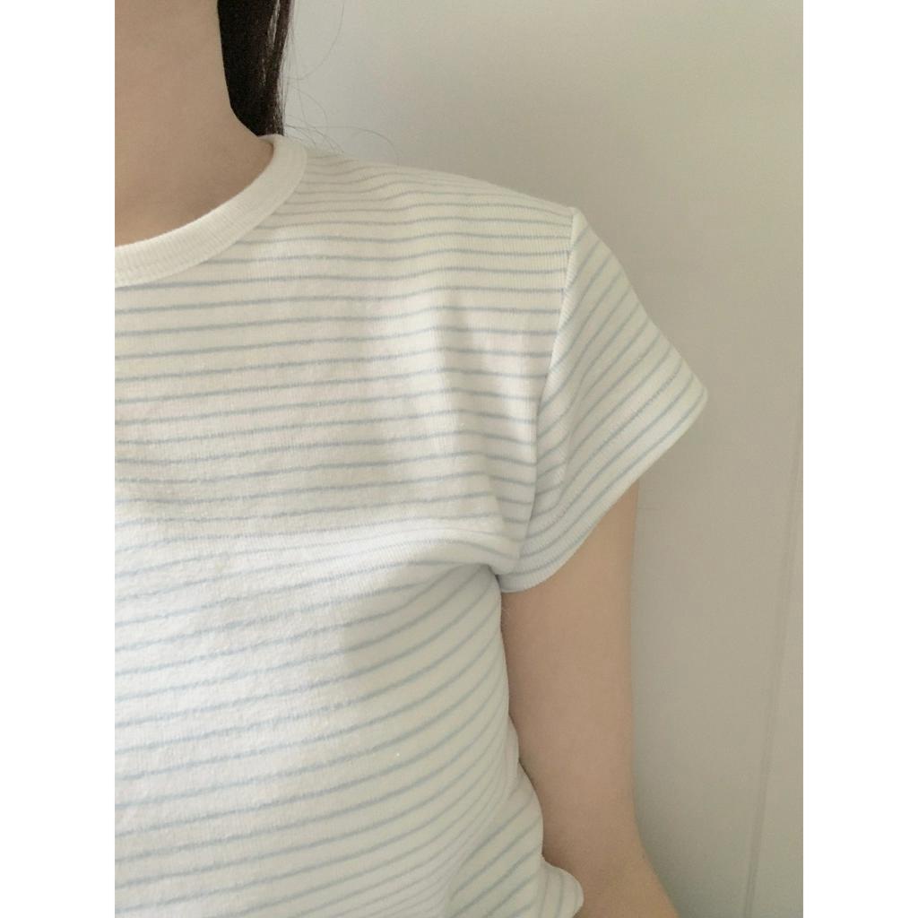 Áo Thun Tay Ngắn Cổ Tròn Họa Tiết Kẻ Sọc Thời Trang Phong Cách Hàn Quốc Cho Nữ