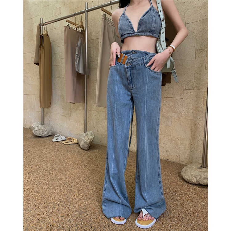 Set Áo Yếm Cột Dây Phối Quần Jean Ống Rộng Lưng Cao Phong Cách Hàn Quốc Thời Trang Mùa Hè Mới Cho Nữ
