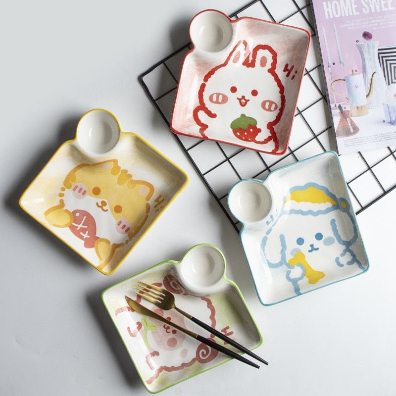 Đĩa vuông sứ có ngăn chấm kute sẵn 4 mẫu