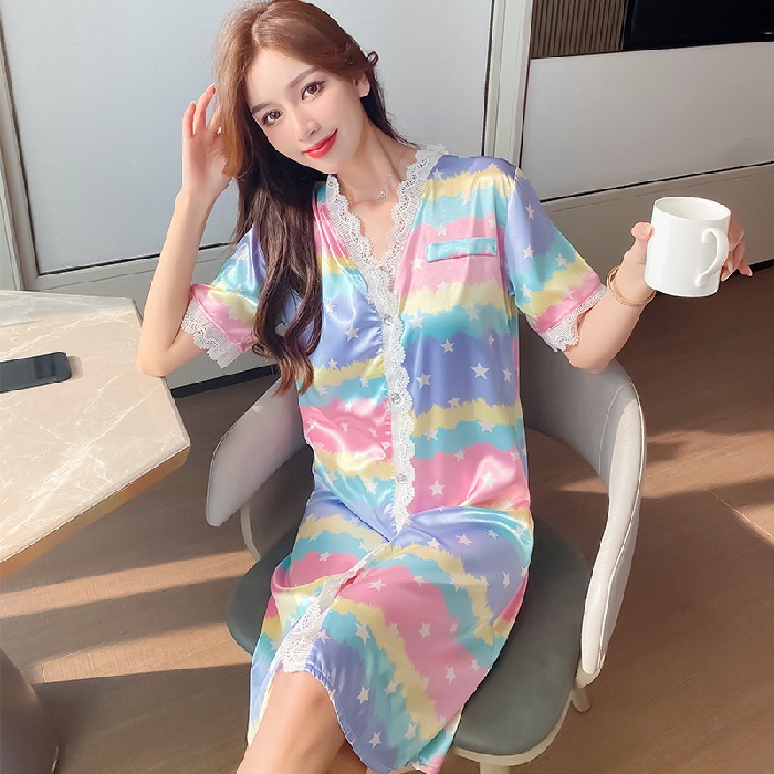 Đầm Ngủ Tay Ngắn Bằng Lụa Satin Thoải Mái Hàng Mới Dành Cho Bạn Nữ Mặc Nhà