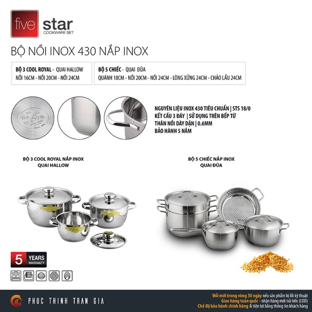 BỘ 5 NỒI FIVESTAR NẮP INOX 3 ĐÁY