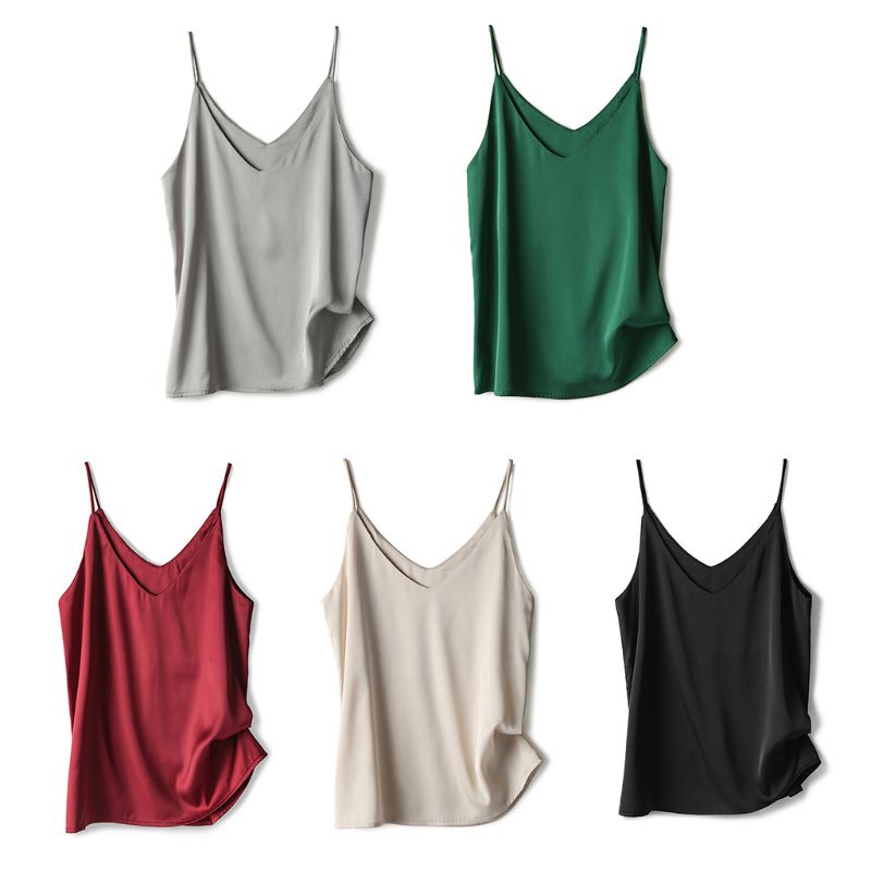 Áo Tank Top Hai Dây Giả Lụa Dáng Rộng Màu Sắc Đơn Giản Quyến Rũ Cho Nữ