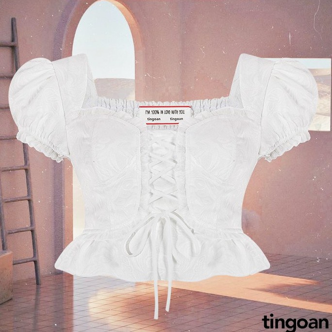 Áo croptop vai phồng cúp ngực đan dây gấm trắng tingoan ANGELA TOP - Hàng nhập khẩu