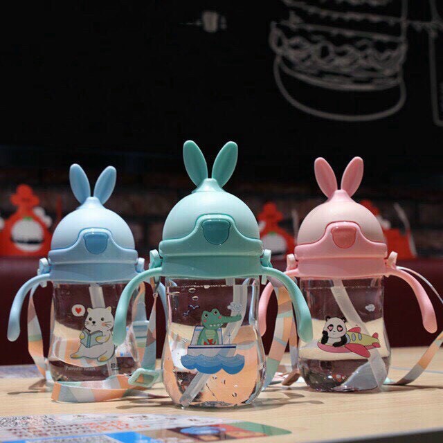 Bình Tập Uống Nước Cho Bé Có Dây Đeo 280ml Hình Tai Thỏ