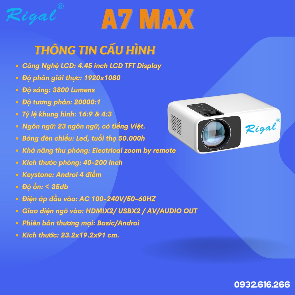 Máy chiếu Rigal A7 max - Fullhd 1080P Chuẩn - Hàng chính hãng - BH 12 tháng