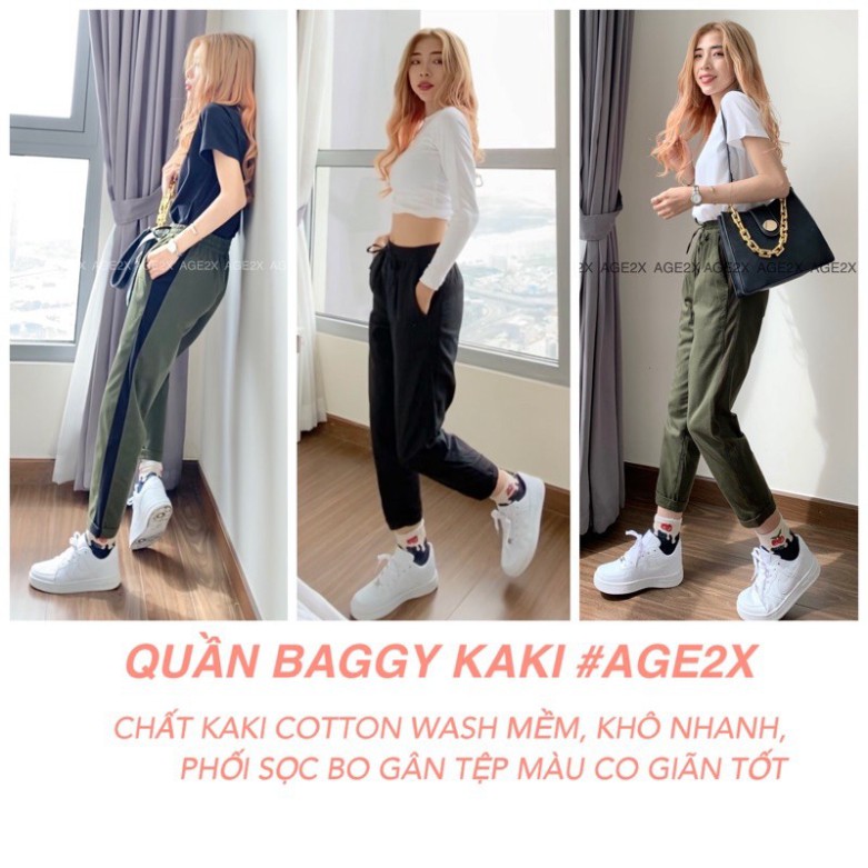 ( HÀNG ĐẸP ) Quần Baggy kaki nữ AGE2X, phong cách công sở kết hợp dạo phố, chất kaki cotton wash mềm, phối sọc bo gân co