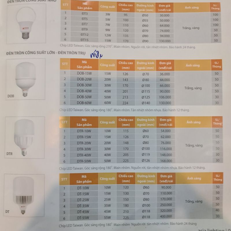 Bóng đèn Led Búp trụ Asia DOB công suất lớn 15->60W, sử dụng đui E27 bảo hành chính hãng 2 năm